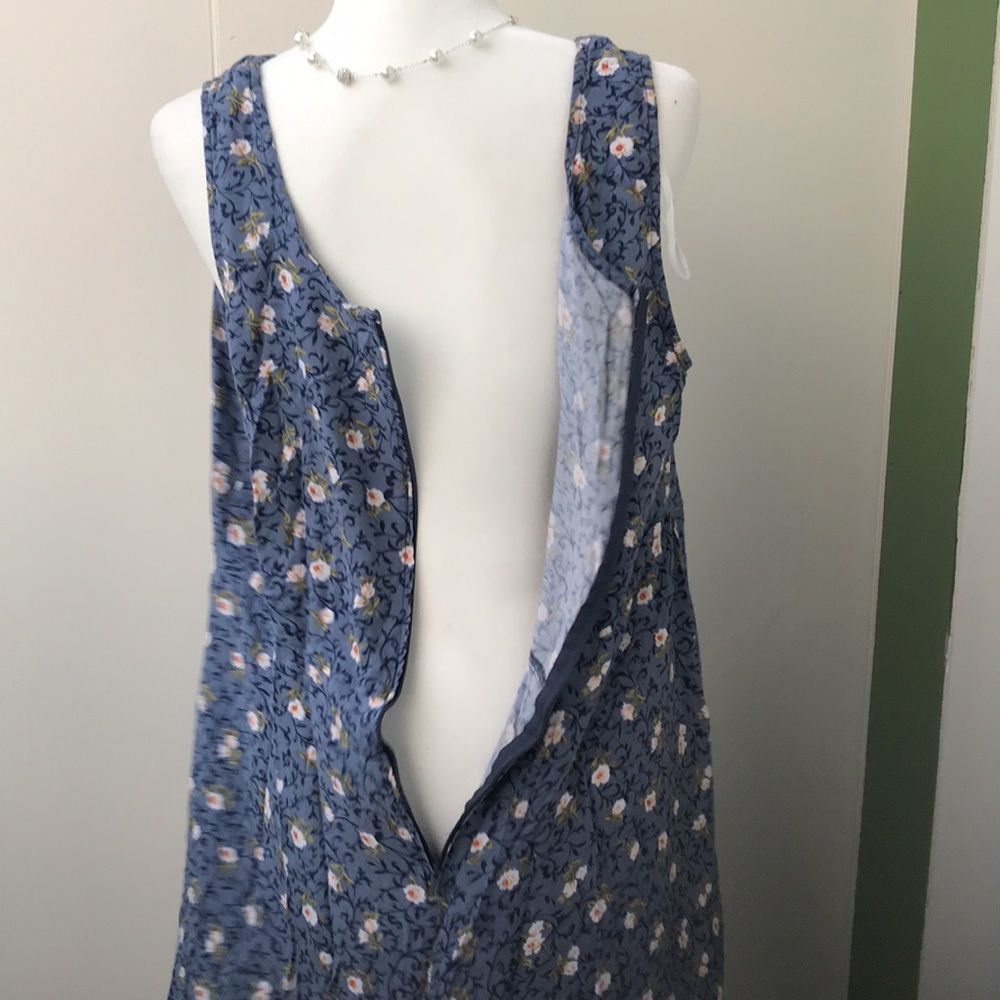 Vintage 90s Lightweight Breezy Chambray Blue and White Floral Midi Tank Sundress - Picture 4 of 5